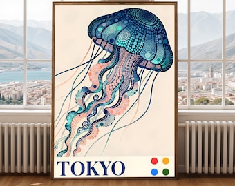 Póster de medusas de Tokio, estampado abstracto japonés del océano, arte mural colorido