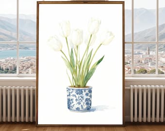 Pôster floral minimalista com tulipas brancas em aquarela.