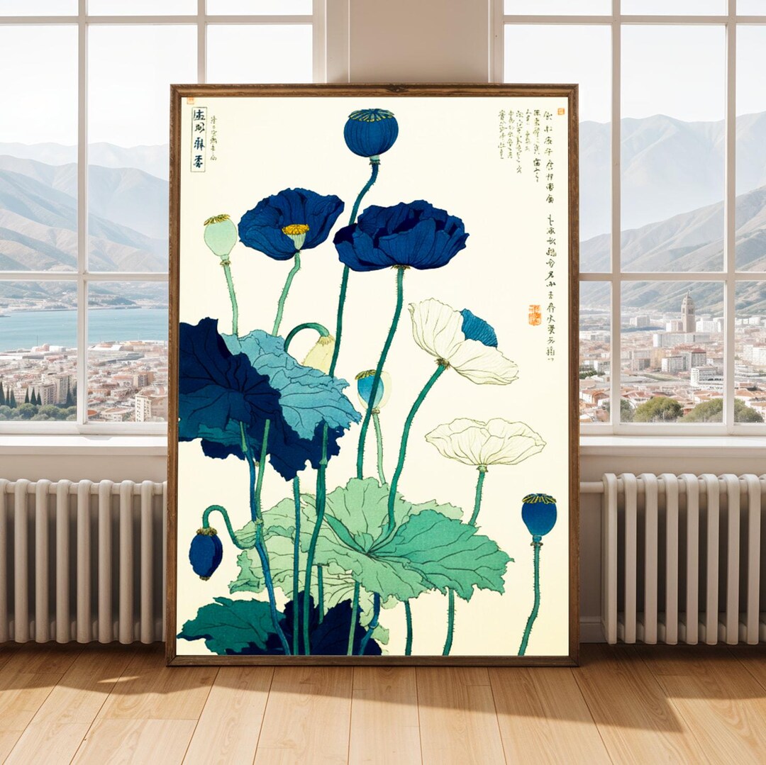 Japanese Vintage Blue Lotus Flower Poster Woodblock Style Floral Wall ...
