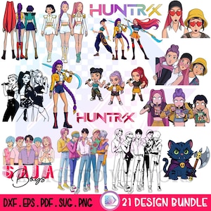 May include: A digital art bundle featuring 21 designs. The collection includes various anime-style illustrations of female and male characters, some with weapons, and text that reads "HUNTX" and "SALA Boys". Formats include DXF, EPS, PDF, SVG, and PNG.