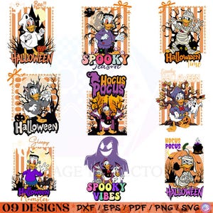 Könnte beinhalten: Neun Halloween-Designs mit Comic-Enten in verschiedenen Kostümen. Designs enthalten Sätze wie "Halloween", "Spooky Season" und "Hocus Pocus". Die Farbpalette umfasst Orange, Schwarz, Lila und Weiß mit dekorativen Rändern.