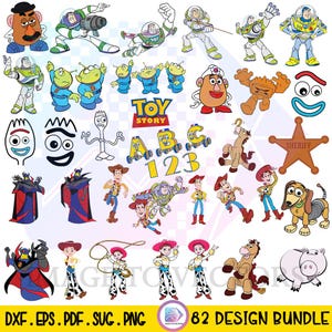 May include: A collection of colorful cartoon character designs from the Toy Story franchise. Includes characters like Buzz Lightyear, Woody, and Jessie, along with the Toy Story logo, ABCs, and numbers. The image also includes the text "82 DESIGN BUNDLE".