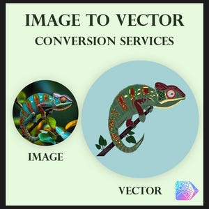 Op de afbeelding: Een grafische weergave getiteld IMAGE TO VECTOR CONVERSION SERVICES met een cirkelvormige foto van een kleurrijke kameleon op een tak naast een cirkelvormige vectorillustratie van dezelfde kameleon op een lichtblauwe achtergrond met de labels IMAGE en VECTOR.