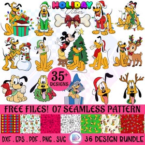 May include: A digital design bundle featuring various illustrations of Pluto the dog in holiday attire, including Santa hats, scarves, and Christmas lights. The collection includes a bone, a snowman, a reindeer, and seven seamless patterns.