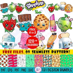 Shopkins SVG Bundle | Shopkins Chatacters PNG | Free Seamless Pattern | Free Alphabets Letter | Shopkins Stickers Sheet | Kids Shirt DIY