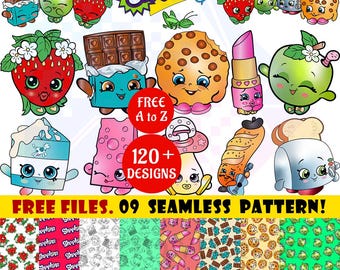 Shopkins SVG Bundle | Shopkins Chatacters PNG | Free Seamless Pattern | Free Alphabets Letter | Shopkins Stickers Sheet | Kids Shirt DIY