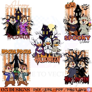 Può includere: Una collezione di disegni a tema Halloween con personaggi dei cartoni animati in costume. I disegni includono Cip e Ciop come Dracula e una mummia, e Paperino e amici in abiti di Halloween. Il testo include "Happy Halloween", "Spooky Vibes" e "Hocus Pocus".