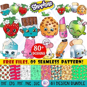May include: A digital collection of Shopkins character illustrations featuring a strawberry, chocolate bar, cookie, lipstick, apple, milk carton, sponge, pacifier, baguette, and toaster, with text reading Shopkins, 80+ DESIGNS, and FREE FILES. 09 SEAMLESS PATTERN!