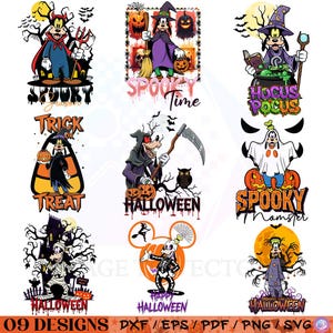 Può includere: Una collezione di nove disegni a tema Halloween con personaggi dei cartoni animati in vari costumi spettrali. I disegni includono personaggi vestiti da diavolo, strega, fantasma e mummia, con testi come "Spooky Time" e "Happy Halloween".