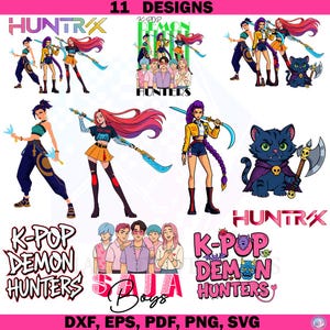 Peut inclure: Une collection de 11 motifs numériques mettant en vedette les K-Pop Demon Hunters. Les motifs comprennent des illustrations de personnages de style anime avec des armes, un chat noir avec une hache et du texte qui dit "HUNTRX", "K-POP DEMON HUNTERS" et "SAJA Boys".