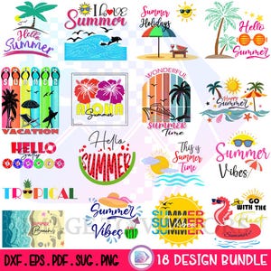 Peut inclure: Un ensemble de 18 motifs numériques sur le thème de l'été. Les motifs comprennent des phrases telles que "Hello Summer", "Summer Vibes" et "Aloha Summer", ainsi que des illustrations de palmiers, de lunettes de soleil et de scènes de plage. Formats DXF, EPS, PDF, SVG et PNG.