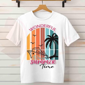 May include: White t-shirt with a colorful graphic design featuring a cruise ship, palm tree, and the words "Wonderful Summer Time." The design includes orange, blue, and pink hues, evoking a tropical vacation theme.