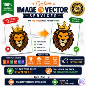 May include: A graphic advertisement for custom image to vector services featuring a blurry lion illustration on the left and a sharp, high-quality vector lion illustration on the right. The text includes Custom Image to Vector Services, 100% Manual Vector Tracing, and 100% Satisfaction Guaranteed. It lists file formats like AI, EPS, SVG, PDF, PNG, and DXF, and provides contact information via email and Etsy messaging.