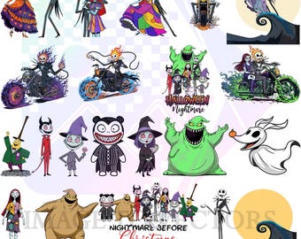Nightmare Before Christmas PNG Bundle, Spooky Seamless Pattern PNG, Jack Skellington & Sally Clipart, Oogie Boogie Zero Designs