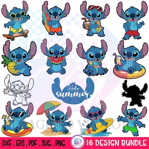 Puede incluir: Una colección de 16 diseños digitales con el alienígena azul Stitch en varias poses de verano. Stitch se muestra con una tabla de surf, gafas de sol y bebidas tropicales. Los diseños incluyen el texto "Hello Summer" y formatos de archivo.