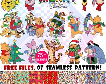 Classic Pooh Christmas SVG, Hundred Acre Wood Holiday Clipart, Tigger Piglet Eeyore Winter Sublimation, Baby First Christmas PNG