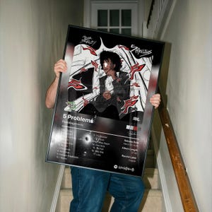 May include: A framed poster featuring the album art for "5 Problems" by Pradabagshawty. The artwork is a black and white illustration of a person with red accents. The poster includes a tracklist, release date, and album length.