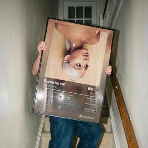 Puede incluir: Un póster enmarcado del álbum "Sweetener" de Ariana Grande. La portada muestra un retrato de Grande con cabello rubio platino. El póster incluye la lista de canciones, la fecha de lanzamiento y la información del sello discográfico. El marco es negro.