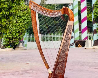 Rosewood 22 Strings Lyre Harp Irish Lever Lyre Harp Carved Frame Lyre Harp 22 Nylon Strings Harp With Free Tuning Key Bag & Extra Strings