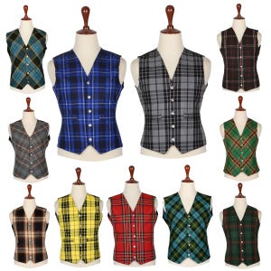 May include: A collection of plaid vests in various colors, including blue, green, red, and yellow. Each vest is displayed on a mannequin and features a V-neck design with button closures. The vests showcase a range of tartan patterns.