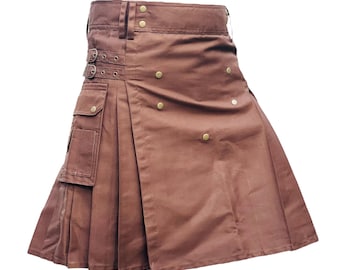 Scottish Men's Brown Utility Kilt Traditional Handmade Tactical Cargo Pocket Kilt Highland Heavy Duty Cotton Kilt Casual Wear Work Kilt
