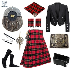 May include: A collection of Scottish attire, including a red and black plaid kilt, a black jacket, a sporran, and a belt. Other accessories include a plaid scarf, socks, and a decorative sword. The items are arranged on a white background.
