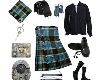 Schottischer Hirschkopf Design Kilt Outfit Handgefertigtes 10-teiliges Hochzeitskilt-Set Traditionelles Kilt-Outfit für Herren in 50+ Clan Tartan