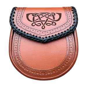 Men&#39;s Scottish Tan Brown Leather Sporran Handmade Weeding Sporran Traditional Leather Day Sporran With Chain & Belt