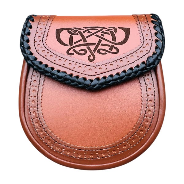 Men's Scottish Tan Brown Leather Sporran Handmade Weeding Sporran Traditional Leather Day Sporran With Chain & Belt