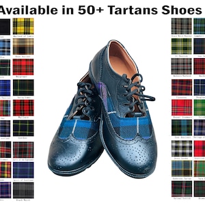 Schottische Herren Schwarz Echtleder Ghillie Brogues Schuhe mit Tartan Handgefertigte Traditionelle Hochzeit Kilt Schuhe Erhältlich in 40+ Clan Tartans