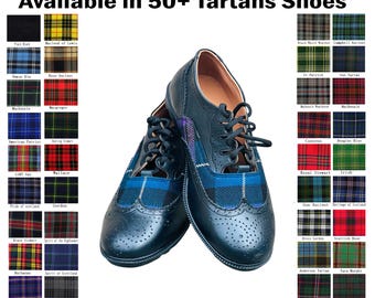 Schotse heren zwarte echt lederen ghillie brogues met Schotse ruit handgemaakte traditionele bruiloft kiltschoenen verkrijgbaar in 40+ clantartans