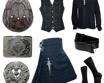 Highland Thistle Design Scottish Kilt Outfit Handmade 9 Pcs Wedding Kilt Set Traditional Kilt Outfit For Men's Available in 50+ Clan Tartan