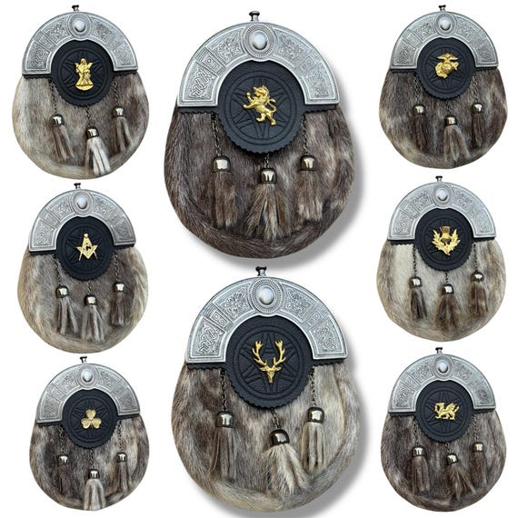 Scottish Gold Badge Sporran Traditional Kilt Sporran Highland Celtic Plate 3 Tassels Leather Sporran With Chain & Belt