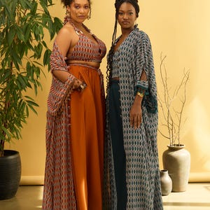 Zestaw boho kimono: top z odkrytymi ramionami i spodnie palazzo – ręcznie robiony w Berlinie