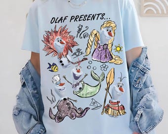 Olaf presenta bocetos de princesas retro PNG, camiseta de personajes clásicos de Disney, vacaciones familiares en WDW Disneyland 2026 PNG