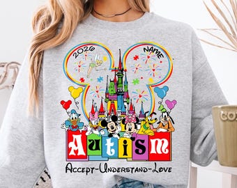Archivo PNG de concienciación sobre el autismo, PNG personalizado de "Aceptar, comprender, amar", PNG de apoyo al diseño del autismo, PNG de neurodiversidad de Mickey y sus amigos
