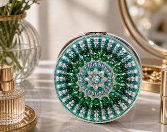 Rhinestone Compact Mirror • Double Sided Pocket Mirror • Handmade Mandala & Mosaic Designs