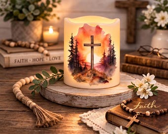 Vela de oración cristiana LED sin llama con diseño de cruz de acuarela al atardecer, decoración de Pascua, regalo de fe.