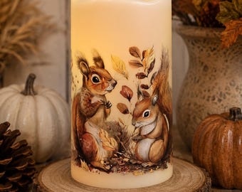 Woodland Squirrel LED Candle | Flameless Fall Candle | Autumn Forest Decor | Cozy Rustic Farmhouse