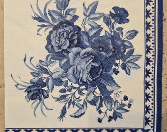 Blue Floral Decoupage Napkins - Vintage Style Paper, Set of 2
