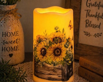 Vela LED con forma de caja de girasol, decoración de girasol sin llama, luz floral en caja de madera, acento acogedor para el hogar.