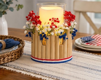 Rustic Patriotic Candle Holder – Red, White & Blue Floral with Bamboo Wrap