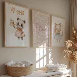 Personalized Girl Nursery Wall Art Set, Panda Cat Digital Prints, Custom Name Printable Baby Girl Room Decor, Birthday Gift Nursery