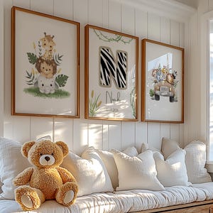 Safari Nursery Wall Art Set, Jungle Animal Prints with Personalized Name and Birth Date, Digital Download for Baby Room Decor