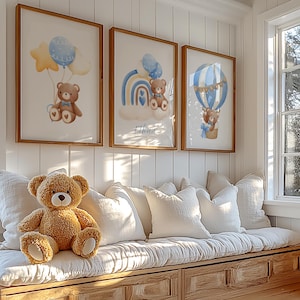 Blue Teddy Bear Nursery Prints: Baby Boy Decor, Personalized Name (Digital Download)
