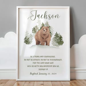 Personalized Baptism Print for Boy, Christian Nursery Decor with Bible Verse Joshua 1:9, Bear Woodland Art, Christening Gift from Godparents