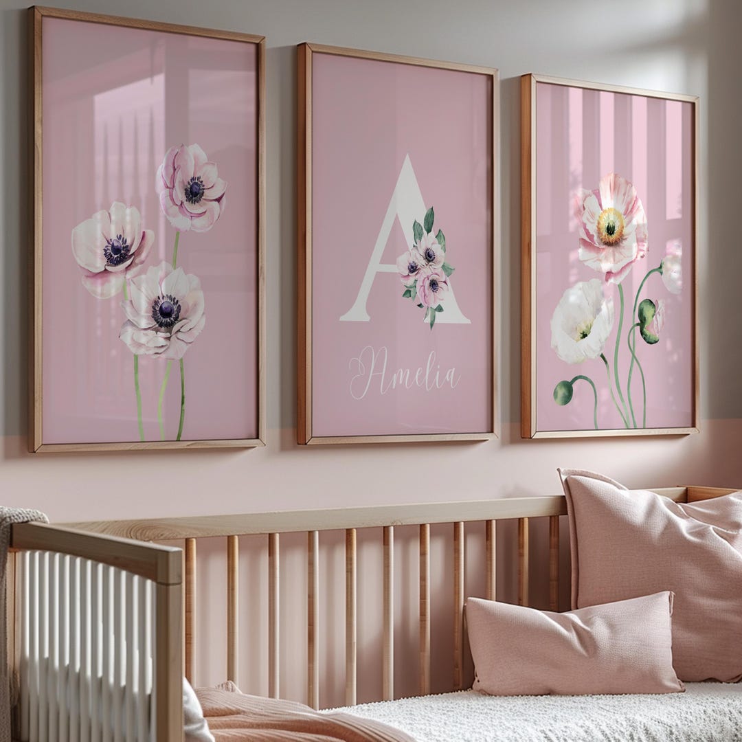 Personalized Floral Nursery Prints: Pink Watercolor Flower Wall Art Set ...