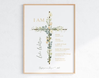 Presente de Batismo Personalizado para Menino – Impressão de Oração com Cruz Floral, Lembrança de Batismo em Formato Digital