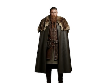 Handmade Viking Brown Leather Costume - Fantasy Warrior Fur Cloak, Leather Bracers