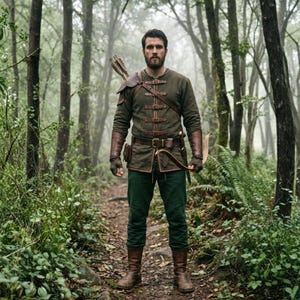 Può includere: Una persona in una foresta con una tunica verde, pantaloni verdi e stivali di cuoio marroni. La persona ha una faretra di frecce, un arco e una cintura di cuoio con tasche. La persona è in piedi su un sentiero in una foresta.